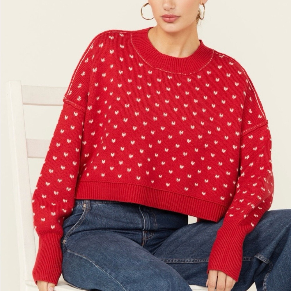 Free People Easy Street Cropped Sweater in Red Heart Pattern, Size S